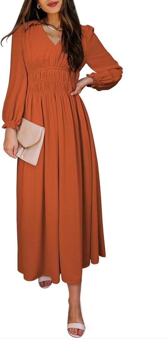 BLENCOT Womens Casual Long Sleeve Tiered V Neck Dress Pleat Ruched Ruffled Dress Solid Color Flowy Swing Midi Long Dresses (Red, S)