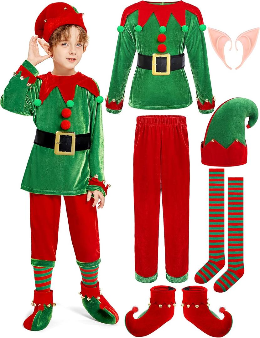 SOMSOC 7 Pack Kids Christmas Elf Costume Set Boys Velvet Elf Dress Up Santa's Helper Costume Xmas Festive Outfit