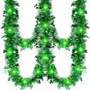 letesult 66 Feet St Patricks Day Tinsel Garland with Lights, 2 Strings 33 Feet Each St Patricks Day Shamrock Garland Clover Green Twist Metallic Decoration for Saint Patricks Day Irish Party Decor