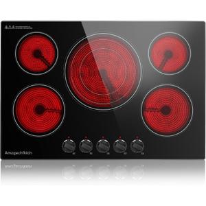 30.5 Inch Built-in Electric Cooktop with Expandable Triple Ring Burners, 5 Burner 9000W Ceramic Stove Top - Easy Knob Controls & Residual Heat Indicator (220-240V Hardwired)