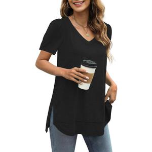 JomeDesign Summer Tops for Women Short Sleeve V Neck Shirts Side Split Loose Casual Tunic Tops (Black, XL)