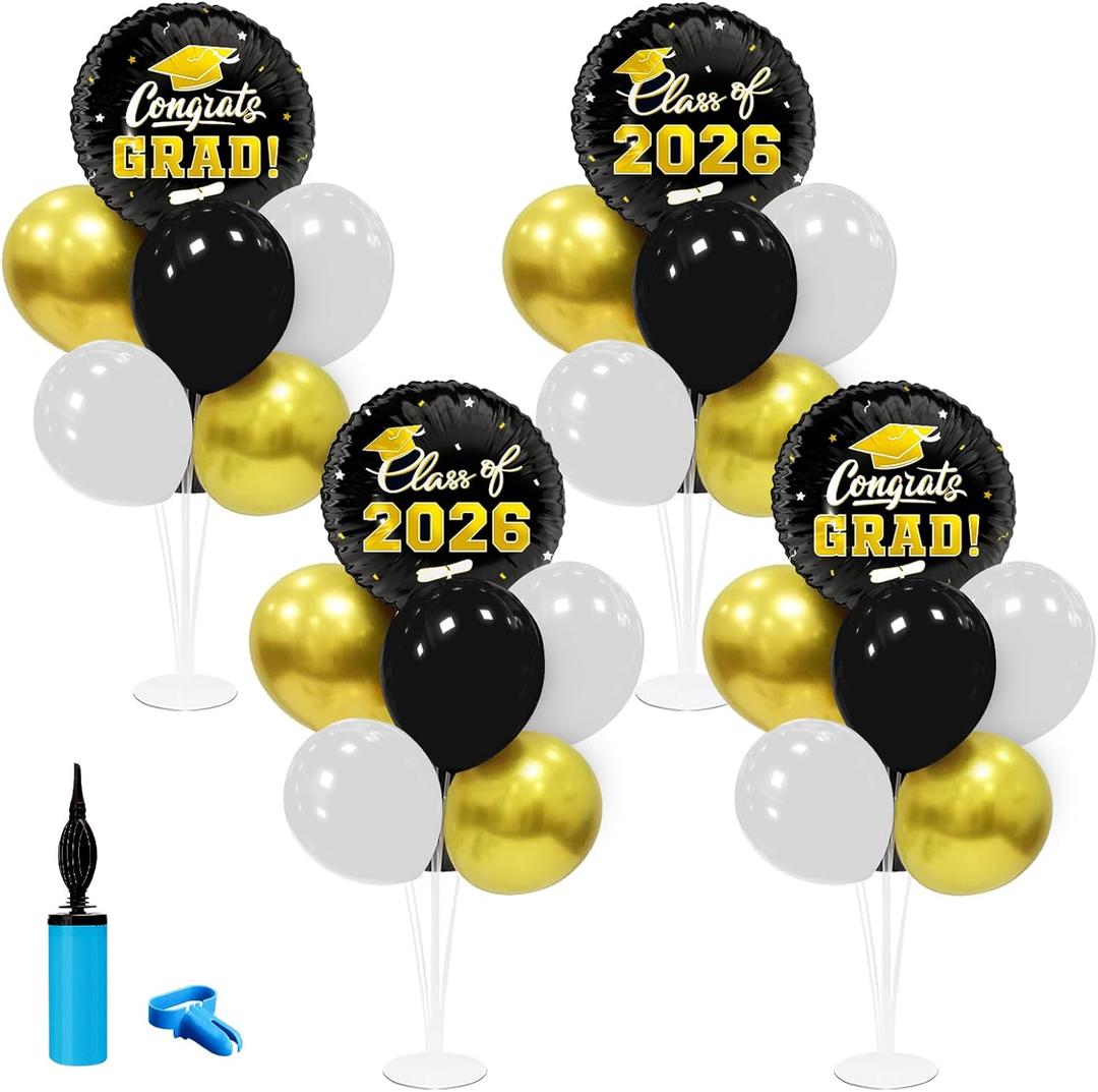 Graduation Decorations - 4 Set Balloon Stands, Class of 2026 Congrats Grad Table Centerpieces for Graduation Party Supplies(Gold& Black)