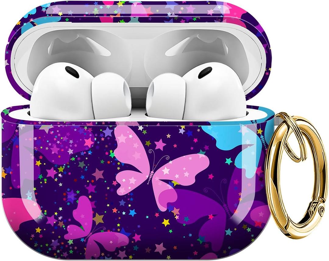 Cute Case Cover Compatible with AirPod Pro 3 Generation(2025), Shockproof for Women & Girls with Cute Golden Round Buckle  Protective, Anti-Drop Design(Cute Purple Butterfly)