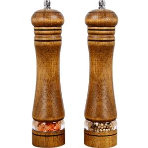 Haomacro Pepper Grinder, Wood Salt and Pepper Mills Set, Classic Manual Spice Grinder Refillable Salt Mill Sets with Acrylic Visible Window Adjustable Ceramic Grinding Rotor 8 inch 2 Pack