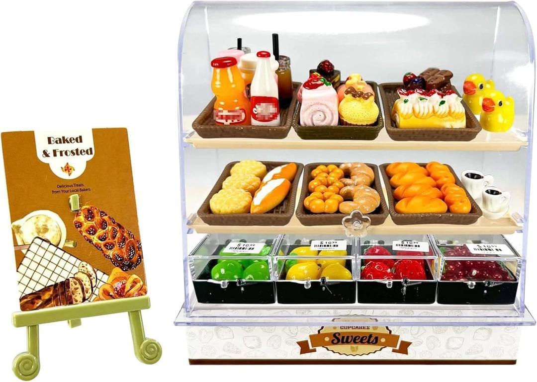 Miniature Bakery Case Cake Stand Display Cabinet with Food Set Mini Plastic Counter Dessert Donuts