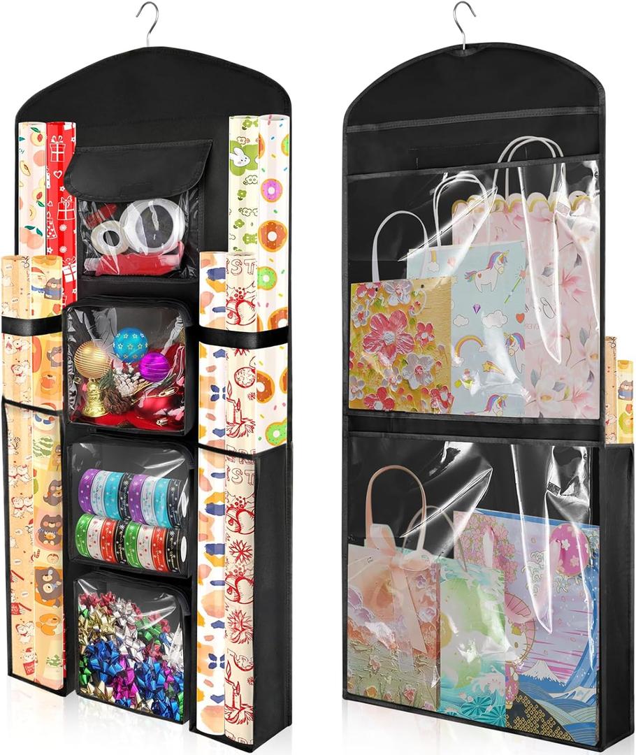 Hanging Gift Wrapping Paper Storage, 40"X17" Black Double-Sided Christmas Wrapper Bag Container, Oxford Craft Roll Organizer, Present Wrap Holder for Bedroom Closet, Door, Cabinet
