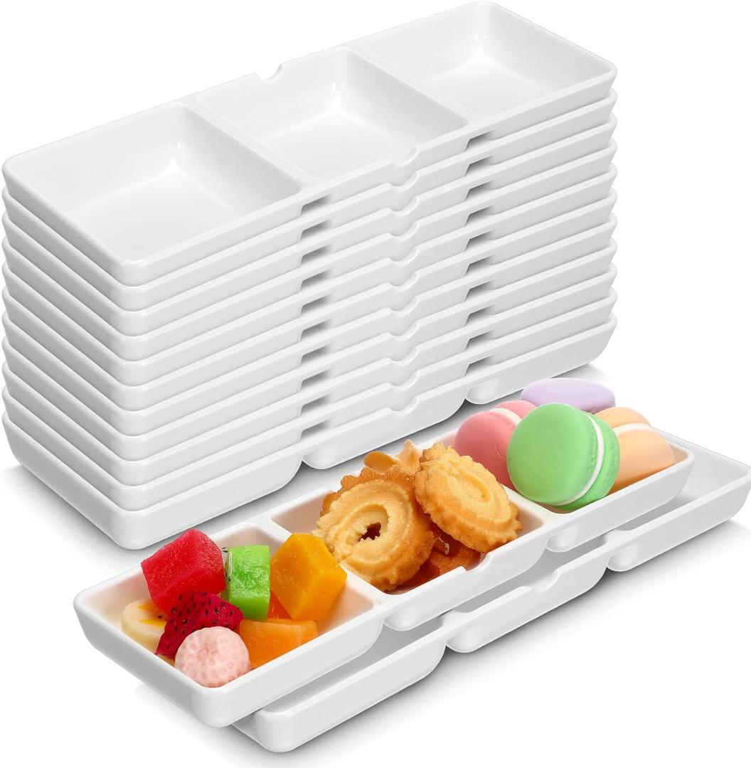 Eaasty 24 Pcs 8.7 x 2.8 Inch 3 Compartment Appetizer Serving Tray Plastic 3 Section Dessert Platters Rectangular Divided Plate White Compartment Serving Dishes Dipping Sauces Dinner Kitchen
