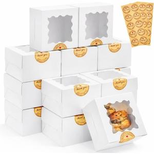 30pcs White Cookie Boxes with Window, 4x4x2.5 Inches Small Bakery Boxes with Stickers, for Mini Cake, Macaroon, Cupcakes, Treat Dessert, Candy, Donuts, Cookies, Strawberries, Chocolate