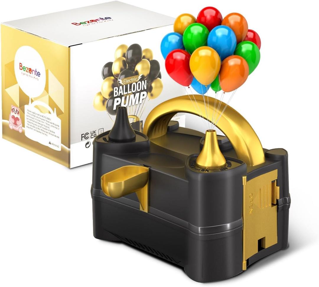Bezente Balloon Pump Electric, Portable Balloon Inflator Pump Electric Air Pump for Balloons Dual Nozzle Electric Balloon Pump for Birthday Wedding Graduation Party Decorations (Black Gold)