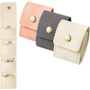 3 PCS Mini Travel Jewelry Bag, 4 Grids Jewelry Pouch for Traveling Foldable PU with Metal Buckle Portable Jewelrys Roll for Storing Rings, Earrings, Brooches -Beige, Pink, Gray