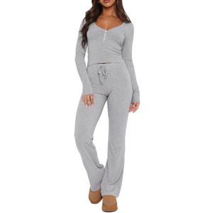 Ezbelle Women's Lounge Sets 2 Piece Outfits Long Sleeve Crop Button Down V Neck Shirt Knit Pajama Pant Fall Clothes (Medium, Grey)