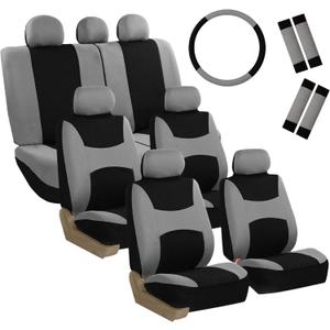 FH Group 3 Row Set 7 Seater Light & Breezy Flat Cloth Car Seat Covers, Combo Steering Wheel Cover & Seat Belt Pads, Airbag and Split Rear, Universal Fit for Cars Trucks, SUV, Gray