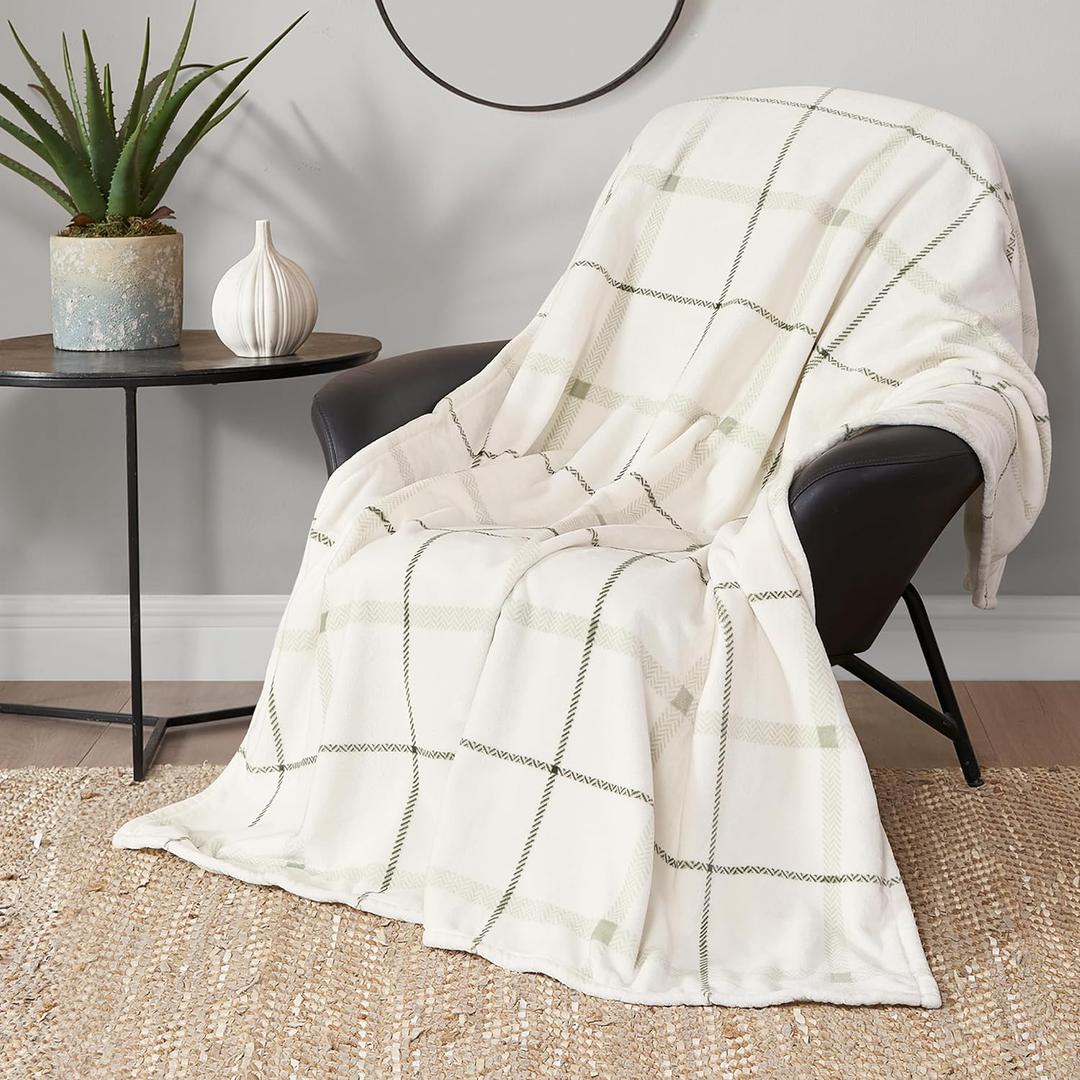 Lucky Brand Palmdale White with Sage Green Plaid 50"x70" Cozy Plush Blanket - Premium Microfiber Throw for Luxurious Comfort