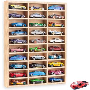 Stylish Wood Toy Cars Display Case with Removable Shelves, Wall-Mountable Organizer for Toy Cars and Matchbox Cars, Includes Hanging Screws (Wood-30 Slots)