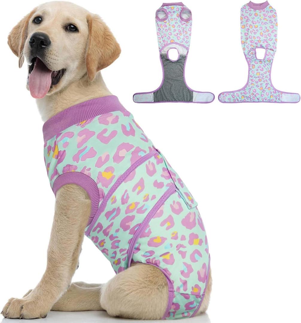 Kuoser Dog Recovery Suit for Dogs After Surgery,Professional Surgical Onesie for Female Male Dogs Spay Neuter,Soft Dog Surgery Suit Bodysuit for Abdominal Wounds Skin Disease,Light Purple Leopard L (Large (Back: 16.1" - 20.1"; Weight: 23 - 48LB))