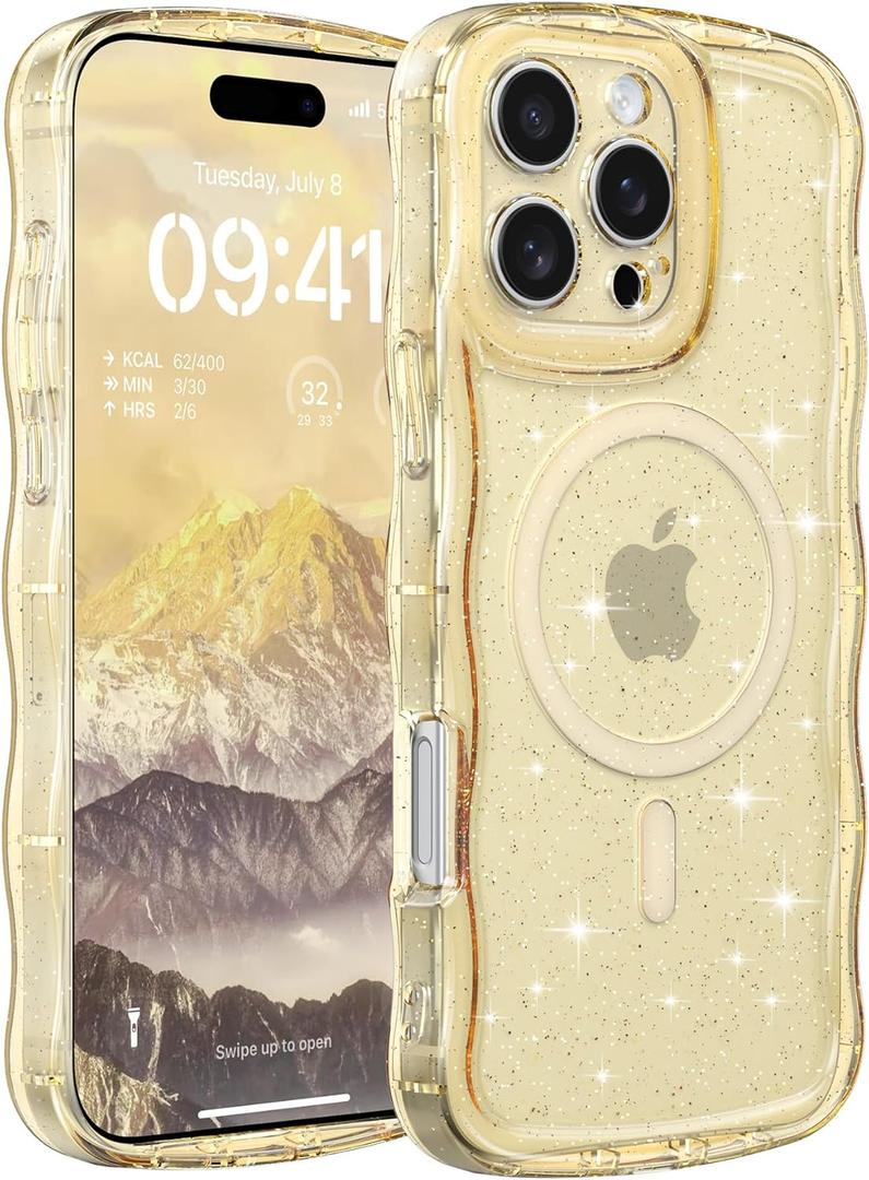 FABSPARK Case for iPhone 15 Pro Max,Compatible with MagSafe,Magnetic Clear Curly Wavy Frame Wave Case with Sparkly Bling Glitter,Transparent Acrylic Hard PC for iPhone 15 Pro Max,Glitter Clear Yellow