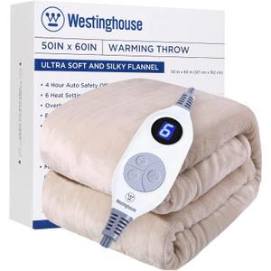 Westinghouse Heated Blanket Throw, Electric With 6 Heating Levels, 2-10 Hours Time Settings, Overheat Protection, Machine Washable, Flannel (50x60 Inches, Beige)