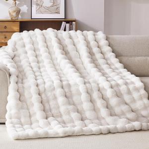 Anysay Faux Fur Throw Blanket, 1000GSM Fluffy Soft Bubble Blanket for Couch Bed, Cozy Plush Warm and Thick Blanket, Fuzzy Rabbit Throw for Living Room Bedroom 50''*60'' White