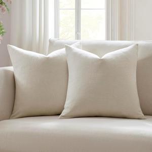 Meekio Set of 2 Ivory Pillow Covers 18 x 18 Inch Farmhouse Boho Decorative Throw Pillow Covers Linen Cushion Covers for Sofa Couch Dcor