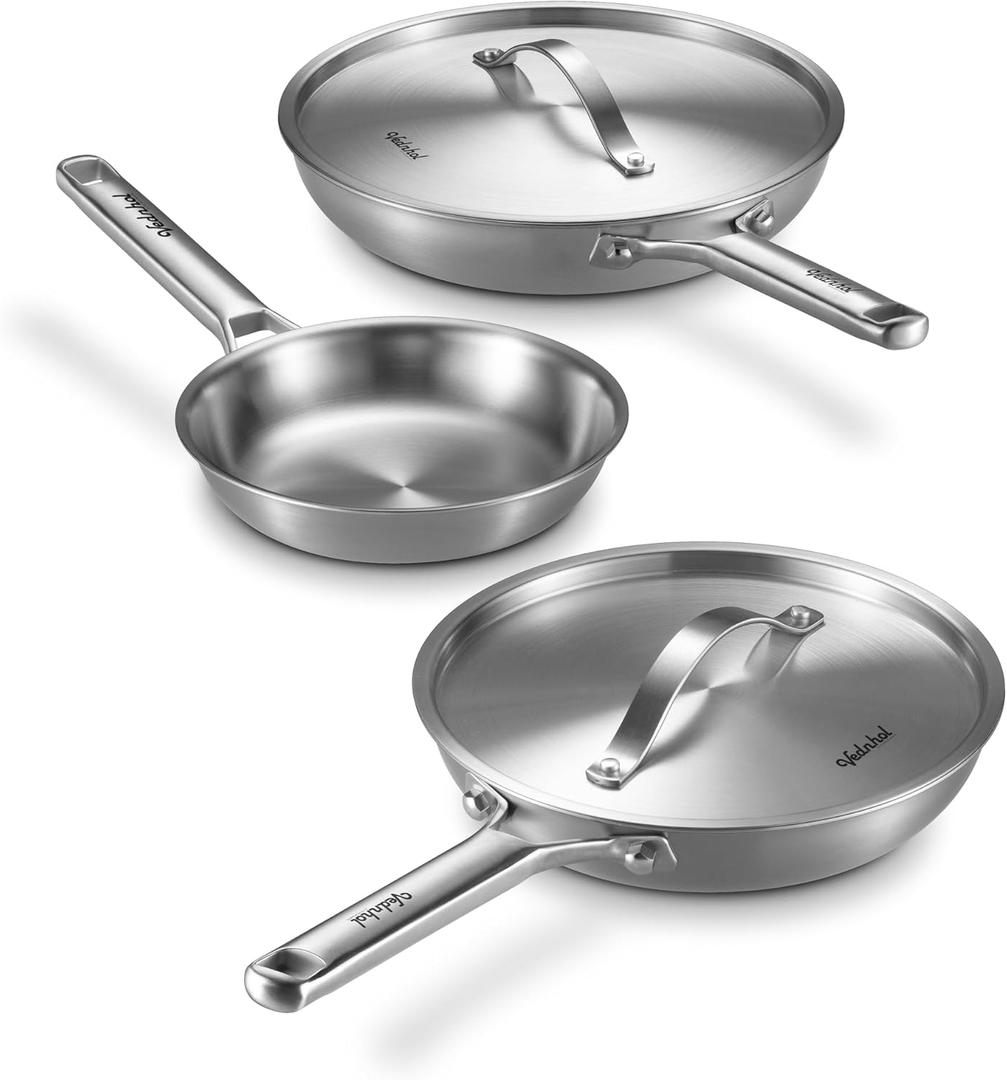 Stainless Steel Frying Pan Set with Lids 8+10+12 Inch, Tri-Ply Stainless Steel Skillets, Brushed Steel Pans with Stainless Steel Lids, Oven & Dishwasher Safe, Induction Compatible