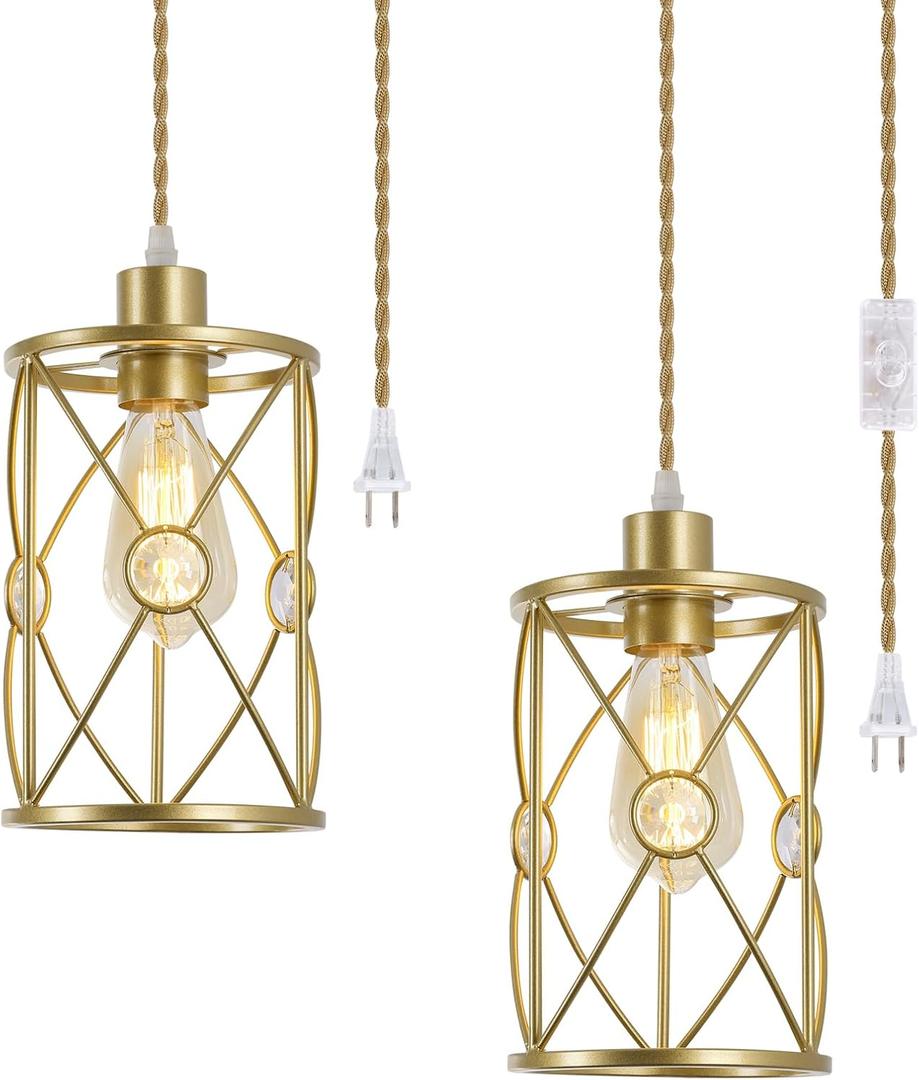 Plug in Industrial 2 Pack Farmhouse Pendant Light, Mini Cage Pendant Lighting in Gold Finish with Crystal, Adjustable Length Hanging Light Fixture for Hallway, Bedroom, Living Room, Kitchen