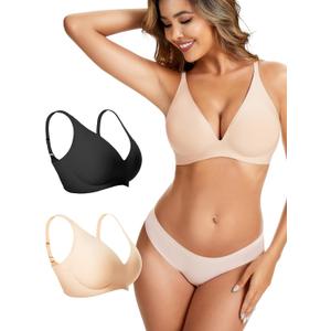 Womens Deep V Wireless Bra No Underwire Seamless Comfort Support Tshirt Push Up Bralette for Everyday/Sleep (XXL)