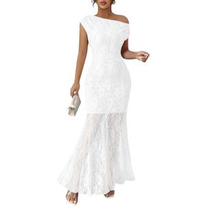MITILLY Formal 2026 Summer Wedding Guest Dress for Women One Shoulder Bodycon Mesh Cocktail Maxi Dresses (White, M)