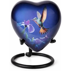 Hummingbird Heart Urns for Human Ashes, Small Keepsake Cremation Urn with Storage Box and Stand, Memorial Funeral Urn for Adult Male & Female, Home Display or Burial (Blue)