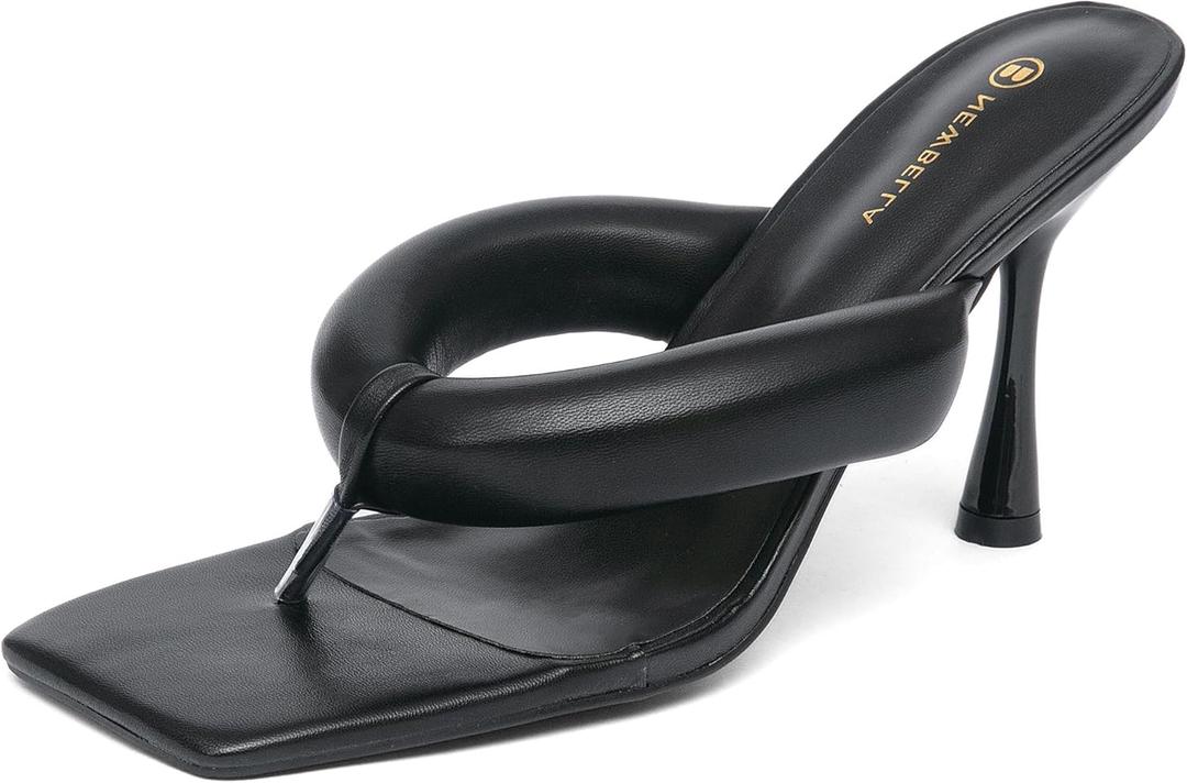 NEWBELLA Women's Square Toe Heeled Sandals Thong Strap Stiletto Heel Slip On Dress Shoes Fashion Summer Heels for Party Date Night Casual Wear (Black) 8.5
