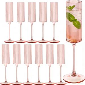 12Pieces Pink Plastic Wine Glasses 6OZ Ribbed Champagne Flutes Mimosa Bar Toasting Glass Champagne Long Stem Vintage Drinking Colored Glasses,Plastic Goblets for Wedding Cocktail Cups,Cava,Prosecco, 12 PCS
