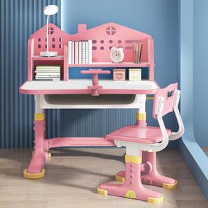 Kids Desk and Chair Set, Height Adjustable Children Study Desk, Golden Distance Preventing Myopia Design, Children Study Desk with Spacious Storage Drawer for Girls School Home Study Tool (Pink-1)