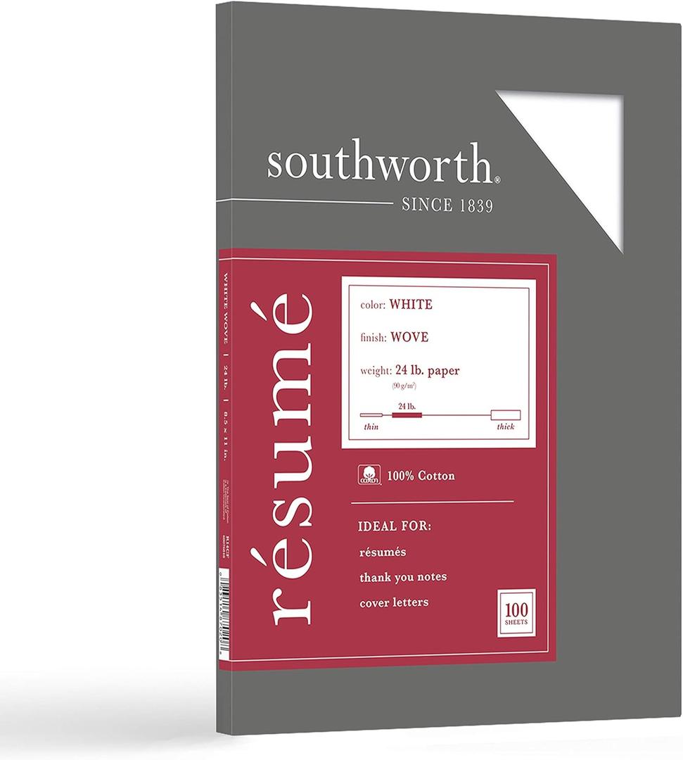 Southworth R14CF 100% Cotton Resume Paper White 24 lbs. Wove 8-1/2 x 11, 100/Box