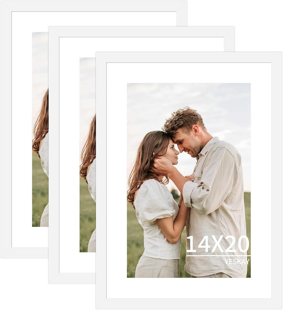 YESKAY 14x20 Picture Frame 3 Pack - White Poster Frame Display Pictures 11x17 with Mat or 14 x 20 Without Mat for Wall Hanging Horizontal and Vertical