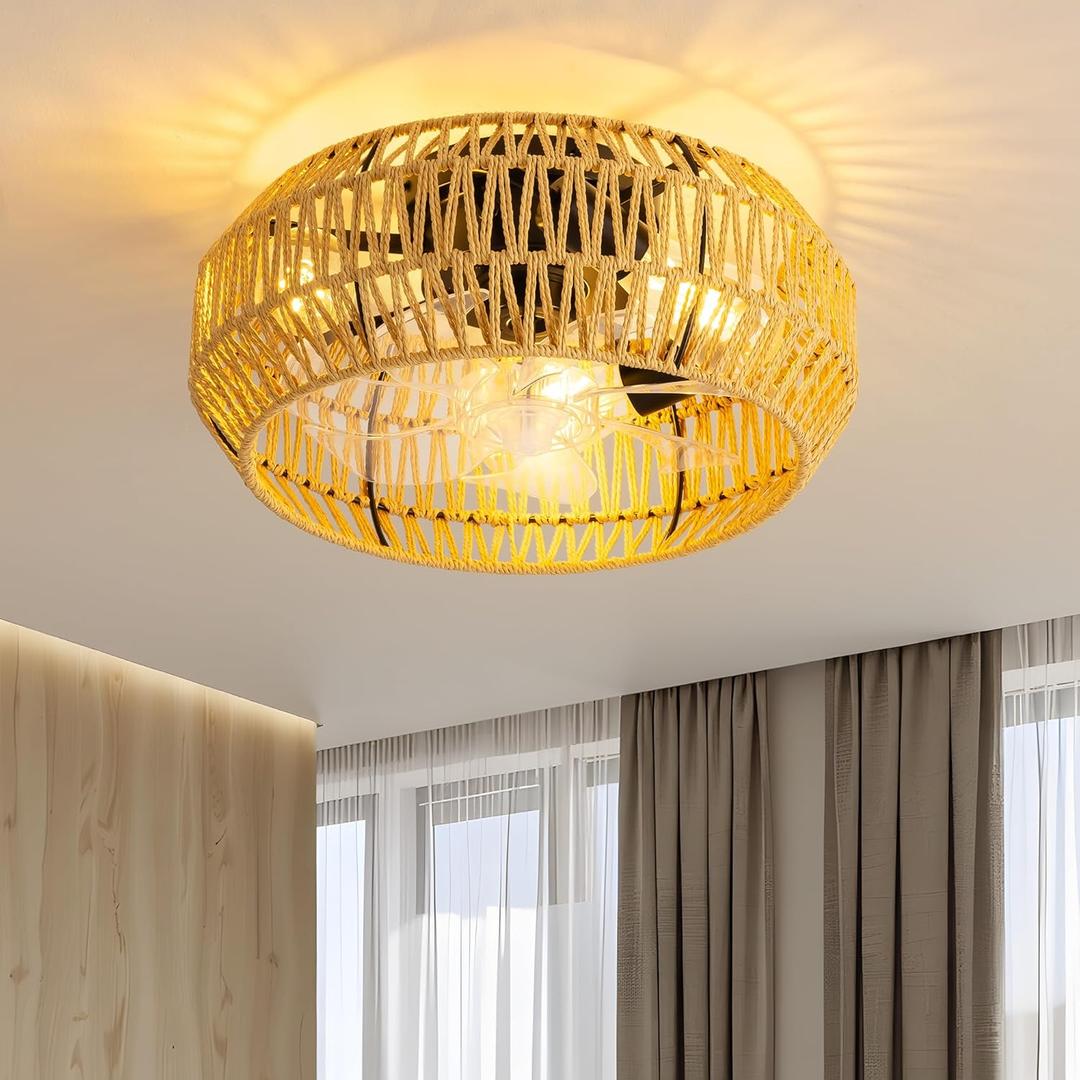 15.8" Boho Cage Ceiling Fan, Retro Light Ceiling Fan with Lights Flush Mount, Low Profile Rattan Ceiling Fans with Lights and Remote Control, Enclosed 6 Speeds for Bedroom, Living Room, Kitchen