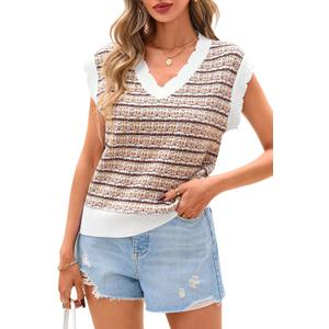CFLONGE Vests for Women 2025 Trendy Sleeveless Striped Sweater Vest Crochet Knit Cropped Work Tank Top Outfits Y2K Clothes (X-Large, Khaki)