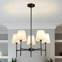 RUIYEY Dining Room Chandeliers Light - 5-Light 25.6 Inch Black Modern Chandeliers Light Fixtures with White Fabric Shade, Height Adjustable Pendant Island Lights for Entryway Farmhouse