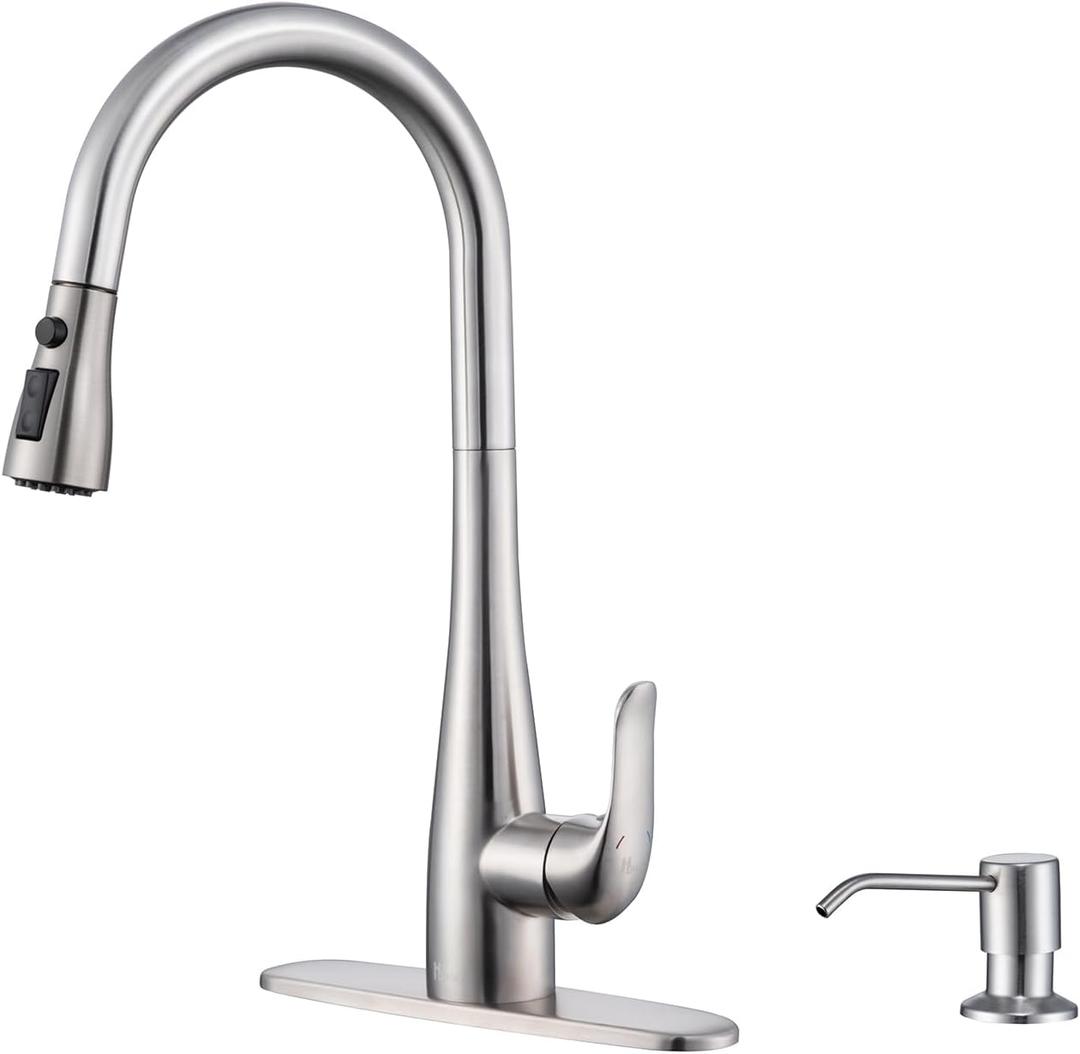 Kitchen Faucet with Soap Dispenser and Pull Down Sprayer - Stainless Steel Single Handle Kitchen Sink Faucet, 1 or 3 Hole Design for Modern Farmhouse Kitchens, Rv, and Bar Sinks(Brushed Nickel)