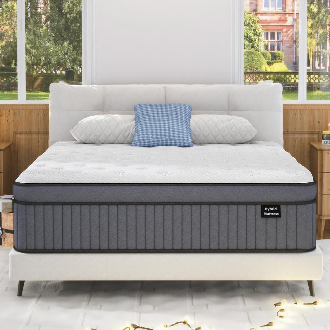EEN EEN SLEEP 12 Inch Medium Firm King Size Mattress [Upgraded] King Hybrid Mattresses in A Box with Gel Memory Foam & Pocket Springs, Strong Edge Support, Pressure Relief, CertiPUR-US,365-Night Trial