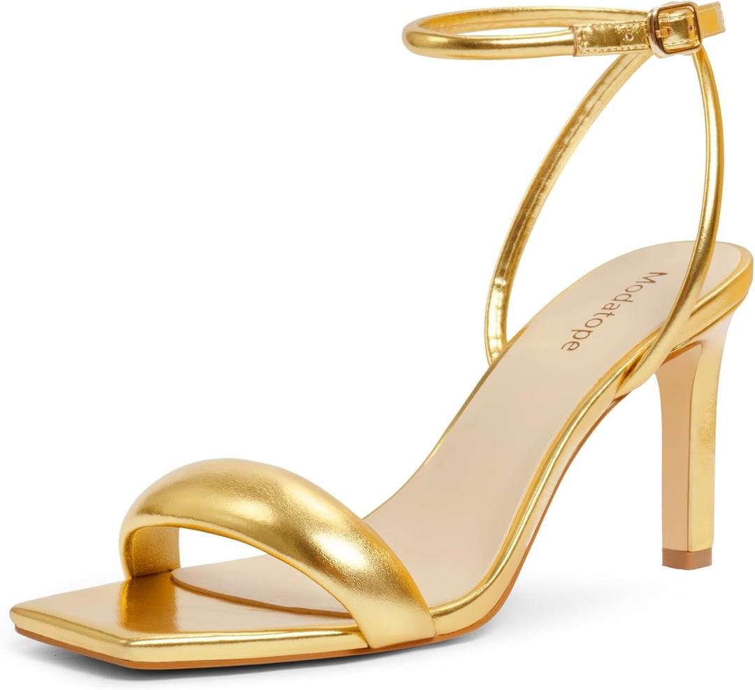 Modatope Womens Heels Square Open Toe Strappy High Heels Ankle Strap Heeled Sandals for Women Party Wedding Daily Wear (11, Gold)