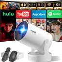 [Built-in App & 2026 Upgraded] Mini Projector with WiFi 6 and Bluetooth 5.4 | Support 4K 1080P Auto Keystone 180 Rotatable Projector Portable Compatibile with HDMI/TV Stick/Memory Stick/Laptop, White