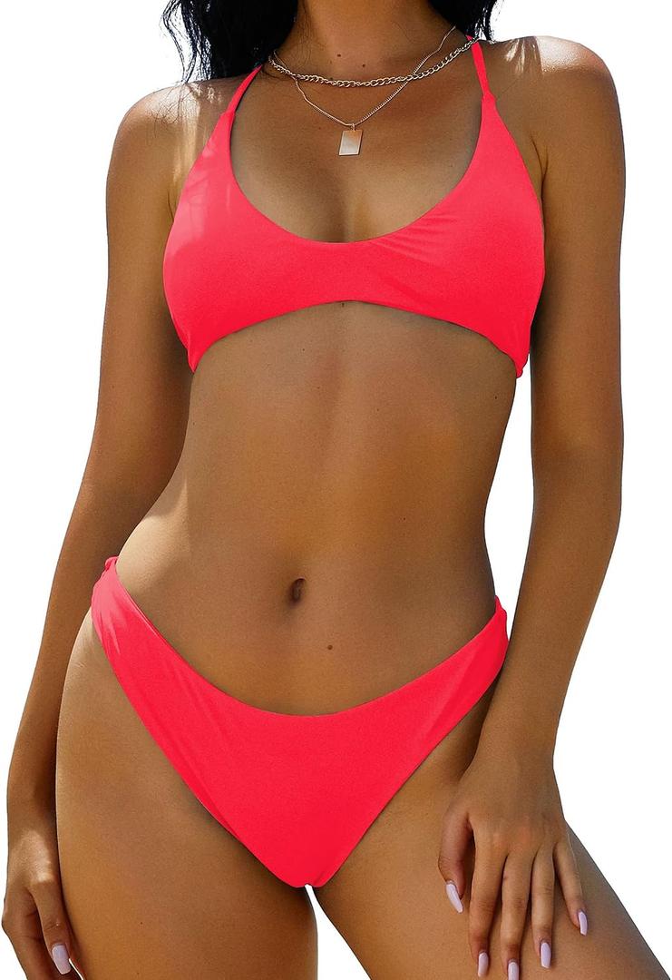ZAFUL Women's Tie Back Padded High Cut Bralette Bikini Set Two Piece Swimsuit, Medium