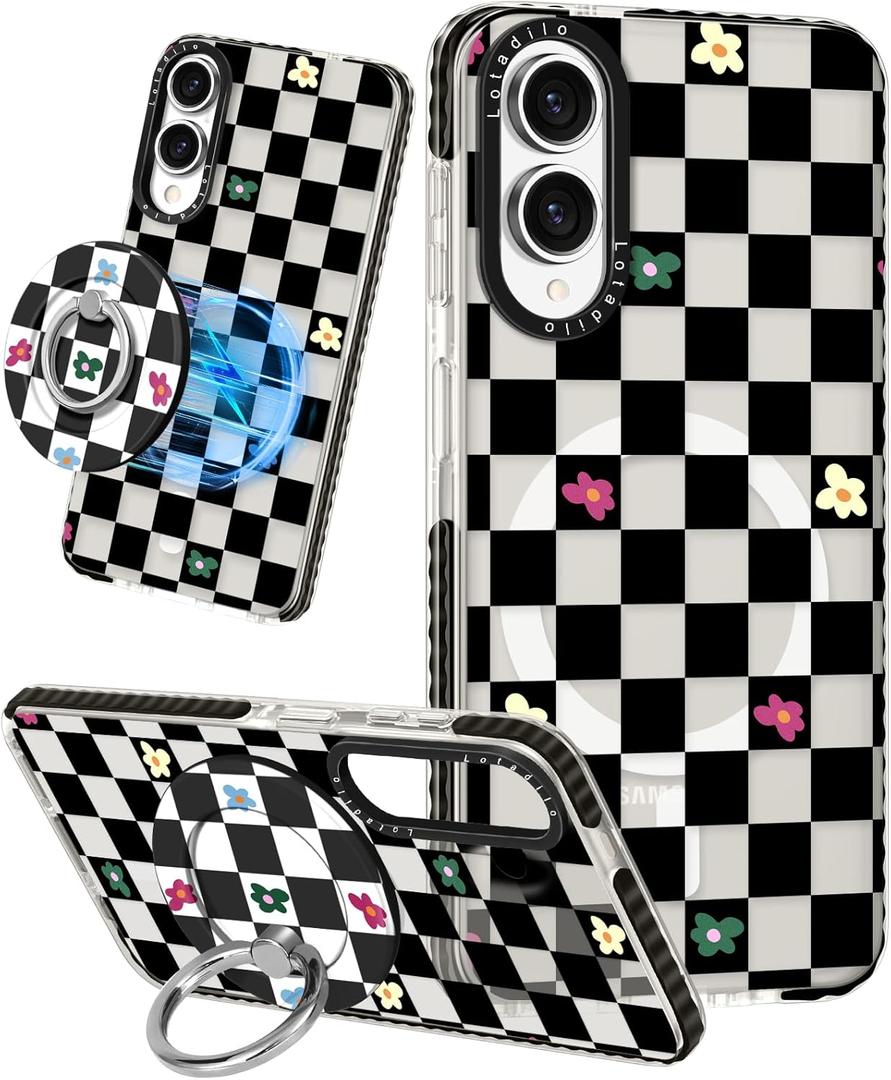 Cute Case for Samsung Galaxy S25 Edge for Women Girls - Funny Plaid Flower Design Compatible with Magsafe Magnetic Ring Holder Kickstand Fashion TPU Phone Covers