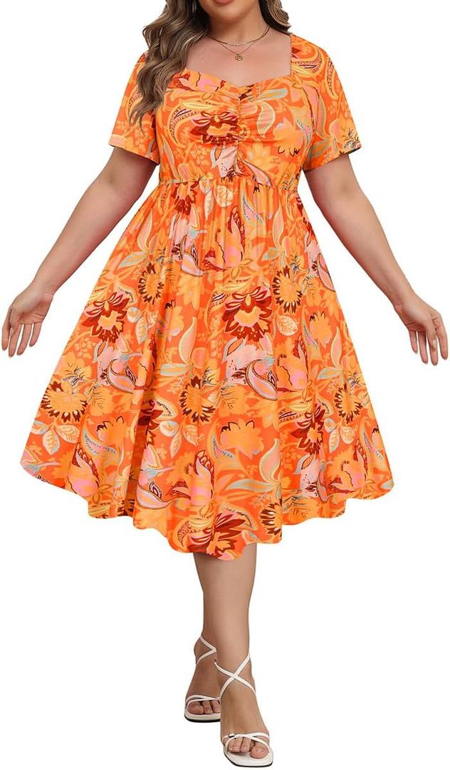 RITERA Plus Size Dresses for Curvy Women Boho Summer Midi Dress Sweetheart Neck Short Sleeve Dresses Empire Waist with Pocket (XX-Large Plus, Floral Orange)