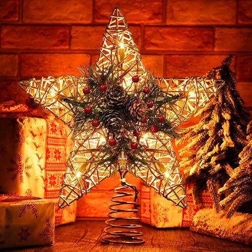 BrizLabs Christmas Tree Topper, 11“ Rattan Star Treetop with 10 Warm Lights, 120V UL Certified Christmas Tree-top Star, Vine Christmas Tree Star Topper for Christmas Indoor Party Home Decor