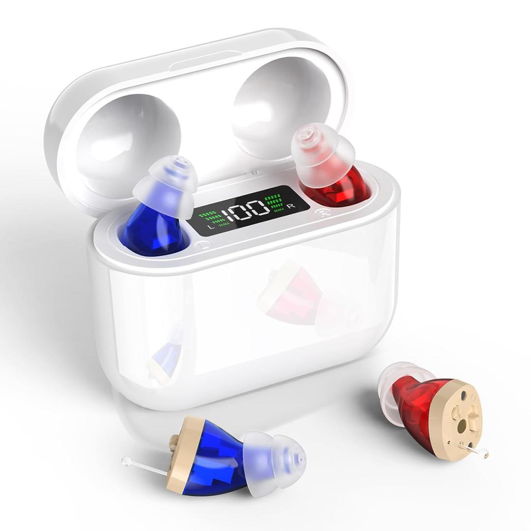 Hearing Aids with Long-Lasting Charging Case, Invisible Hearing Aids for Seniors with Smart Noise Cancellation, Completely-In-Canal Hearing Aid Devices, Easy Control (White)