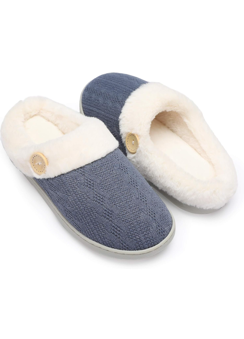 Chantomoo Womens Slipper Warm Comfy Memory Foam House Slippers Knitted Shoes Faux Fur Lined Anti-Skid Rubber Sole Bedroom Cozy Indoor Outdoor Slippers Light Blue Size 9-10