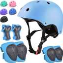 Kids Bike Helmet Set Adjustable for Children, Boys, Girls and Teenagers Aged 3-8 Years Includes Elbow, Knee, Wrist Guards Children's Helmet Protection Set for Bikes Skateboards Roller skates, Sky Blue, Medium