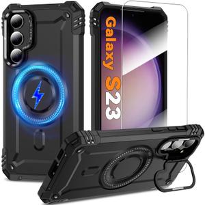 For Samsung Galaxy S23 5G Magnetic Case [Built-in Camera Ring Stand] [Compatible with MagSafe] [Screen Protector] [Wireless Charging] [Military-Grade Protection] Heavy Duty Rugged Case for S23, Black