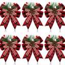 6 Pcs Christmas Burlap Plaid Bow with Pine Cones Pine Needles Xmas Checkered Ribbon Bow for Christmas Indoor Outdoor Farmhouse Tree Wreath Garland Craft Decor (Red and Black)