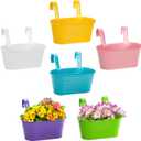 Foraineam 4 Pack Hanging Flower Pots, Metal Iron Plant Pot Holders, Garden Pots Balcony Planters, Metal Bucket Flower Holders Wall Hanging Decor Pot with Detachable Hooks for Railing Fence Balcony